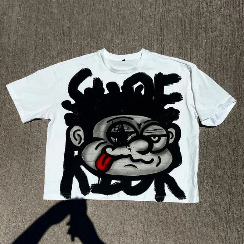 Retro Large Face Pattern Printed Cotton Tshirt for Men Y2K Summer and Women Short Sleeve Harajuku Oversized Top 250225