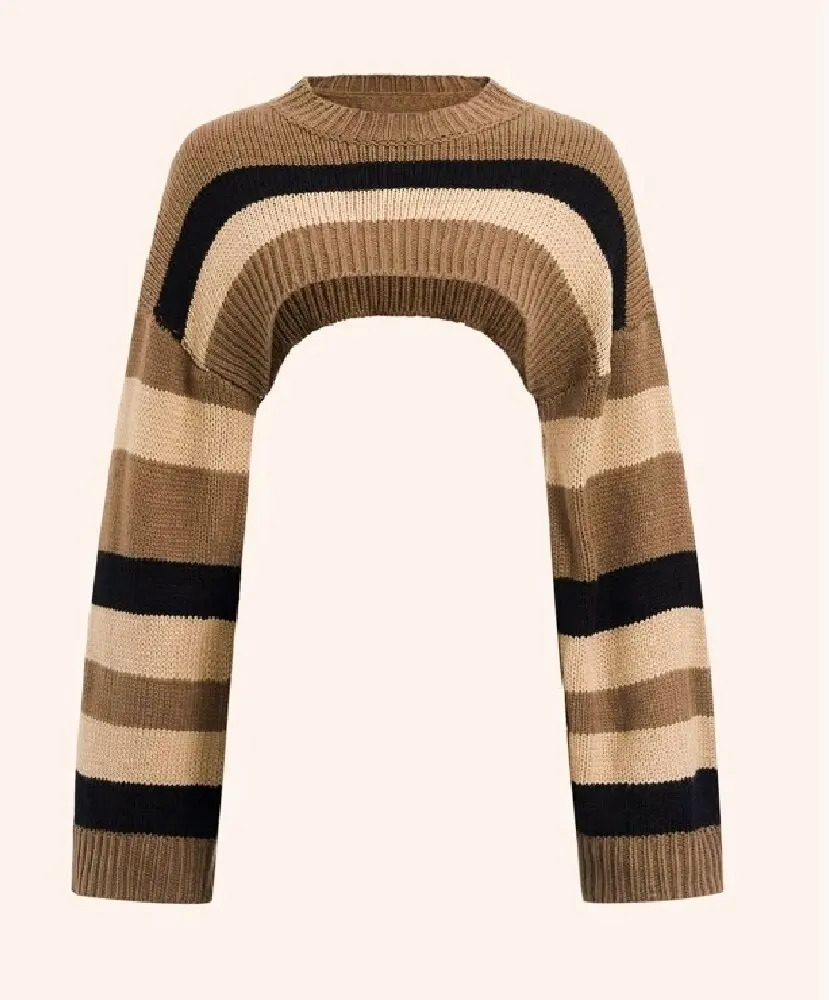Womens Sweater Stripe Pattern Drop Shoulder Super Crop Without Cami for Women 250225