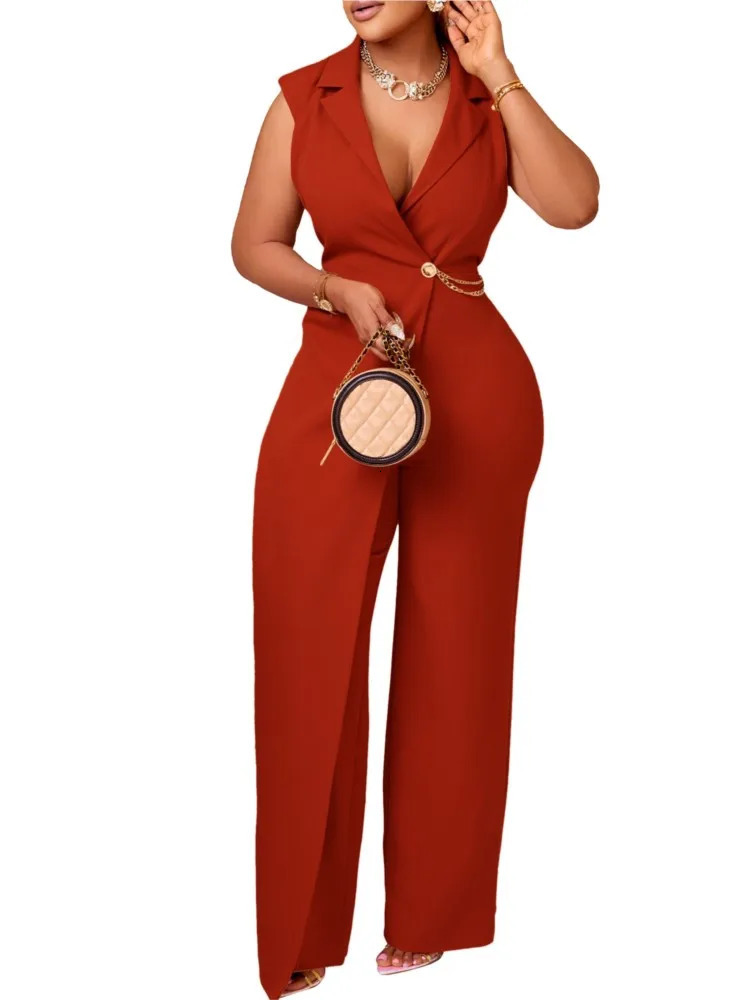 Elegant Jumpsuits Rompers For Women Turn Down Collar Sleeveless High Waisted V Neck Straight Female Birthday Overalls 250224