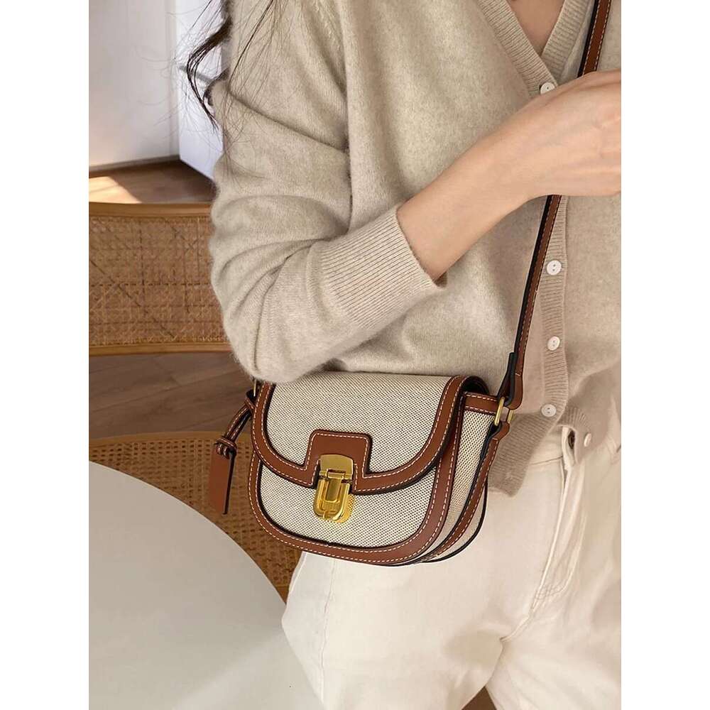 Small 2025 New Style Contrast Panel Canvas Retro One Shoulder Crossbody Saddle Bag