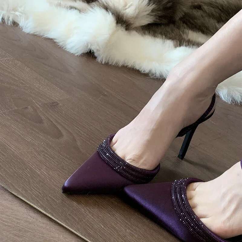 Spring Purple Women High Heel Sandals Elegant Pointed Toe Singbacks Dancing Party Prom Shoes