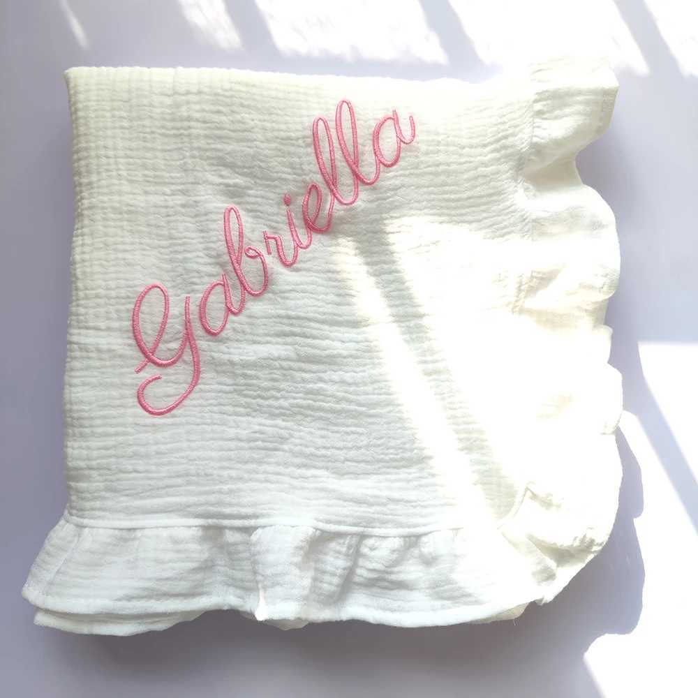 Ruffle Blanket Customize Name Personalized Embroider Baby Blanket Cotton Baby Comforter Cotton Infant Blanket Swaddle Bath Towel Z250228