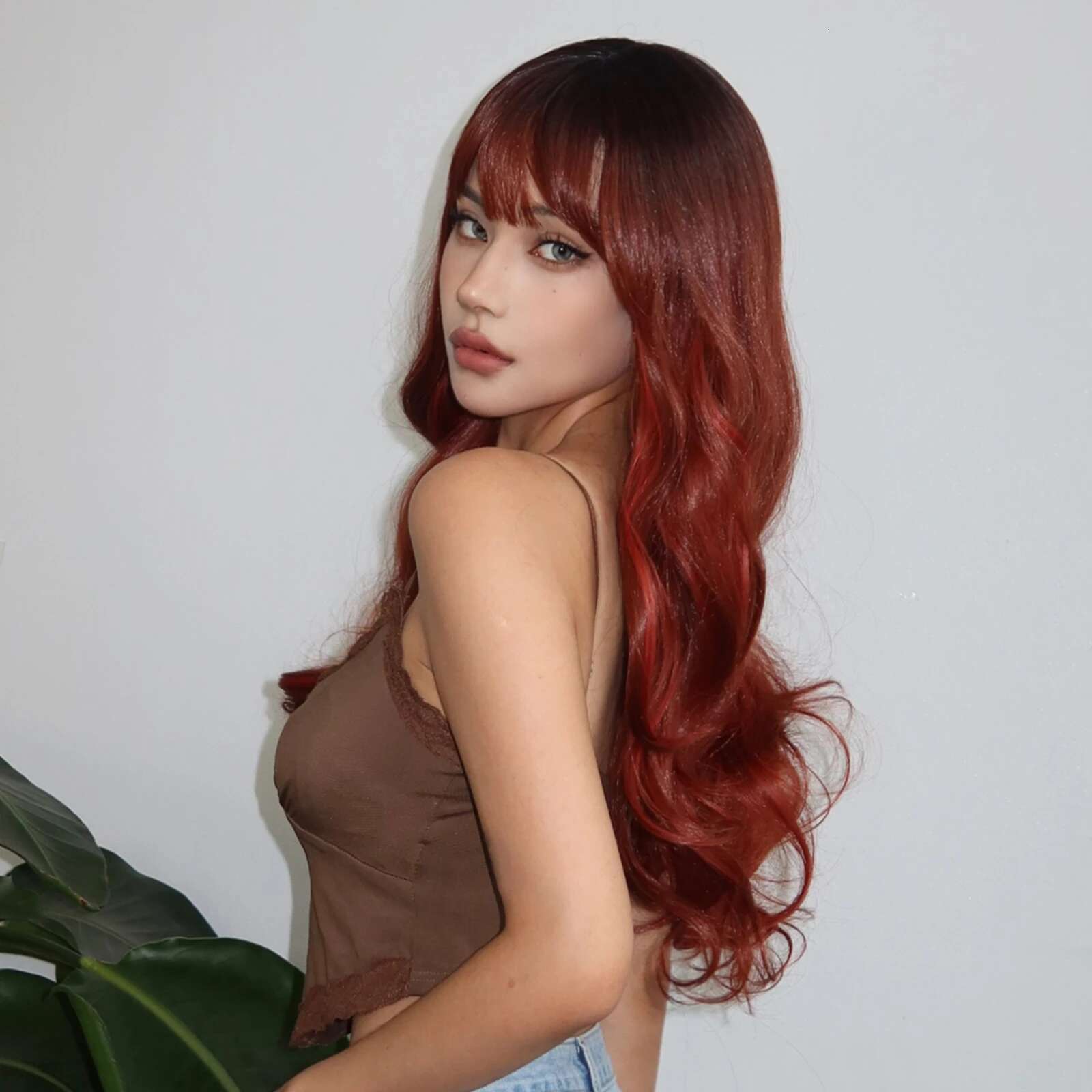 HENRY MARGU Auburn Synthetic Wigs With Bangs Ombre Long Wavy Wig For Daily Use Soft Natural Heat Resistant Party Fake Hair