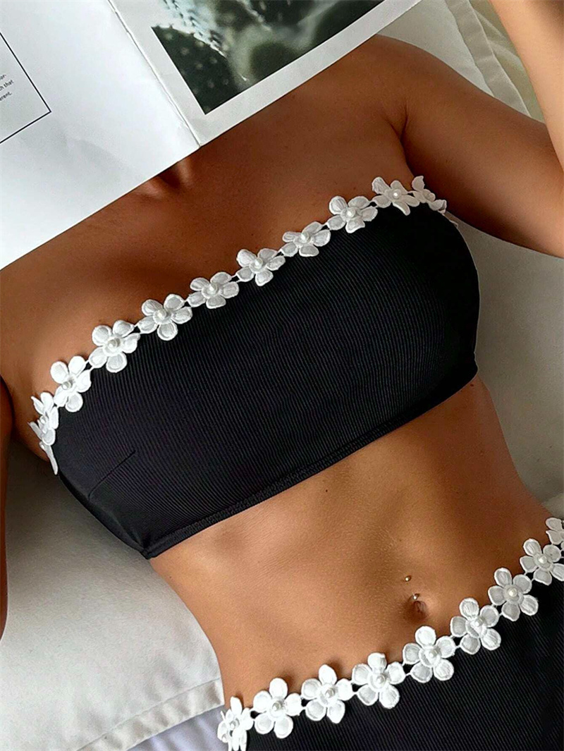 Women's 2 Piece Bikini Sets 3D Floral Appliques Colorblock Sleeveless Strapless High Cut Bandeau Swimsuits