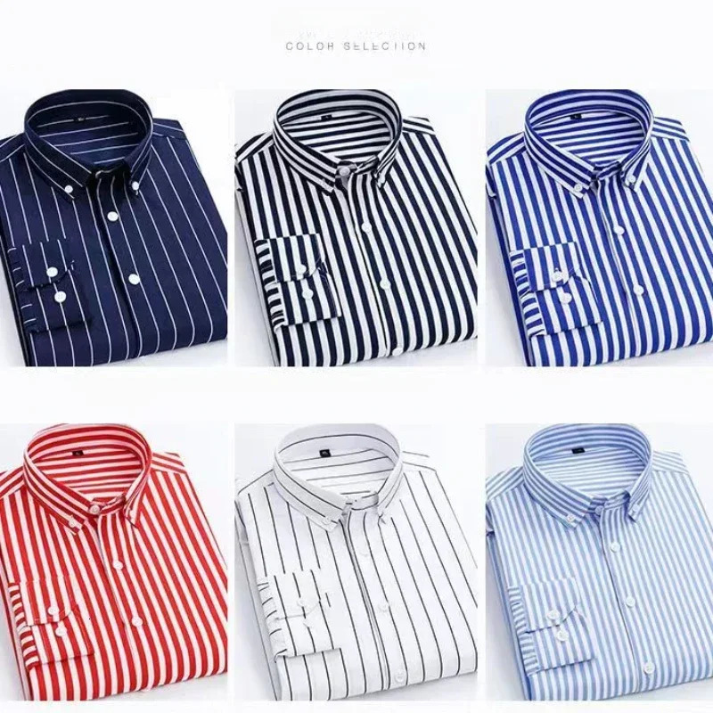 Mens Stretch AntiWrinkle Striped Shirt Formal Business Dress for Man Long Sleeve Slim Fit Casual Plaid Shirts S5XL 250226