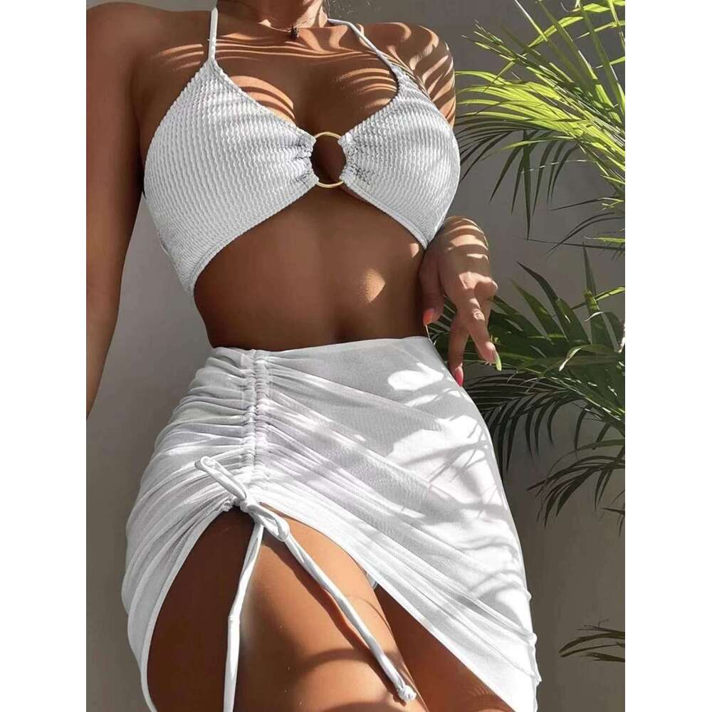 Swimsuit women's multi colored sexy European and American short skirt hanging neck three piece set split swimsuit bikini 2025 temperament versati