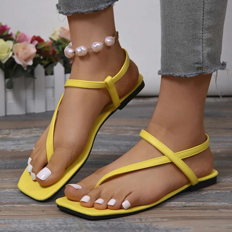 Fashion Women Square Clip Toe Sandals Summer Soft Sole Comfort Non Slip Beach Sandels Bright Color Narrow Band atos Mujer