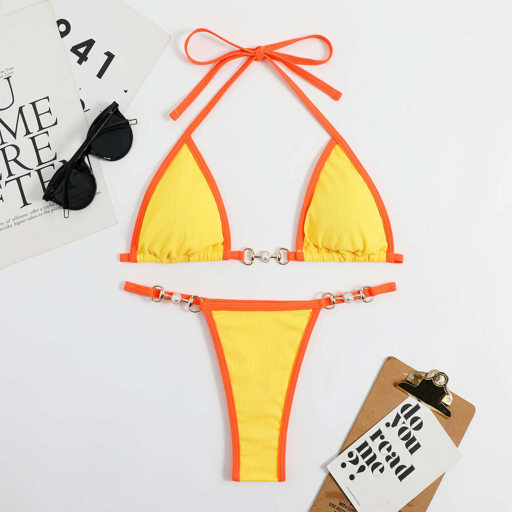 European and American sexy solid color metal swimsuit women's bikini set 2025 new casual fashion trend clothing