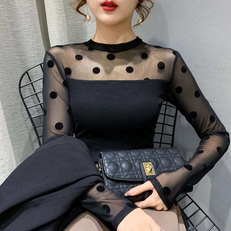 Spring Autumn 2025 Sexy Sheer Tops Long Sleeve Polka Dot Shirt Round Neck Flocking Women T shirt 250228