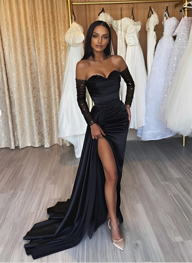 Sexy Black V Neck Prom Dresses Long Sequins Strapless A Line Formal Evening Gowns Side Split Custom Made Vestido De Novia Plus Size 03