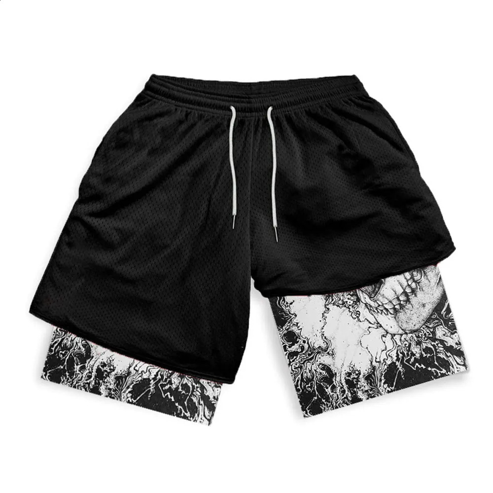 Y2K Compression Shorts Skull Print 2 in 1 Gym Shorts for Men Active Athletic 5 Inch Quick Dry Stretchy Training Fitness Workout 250228