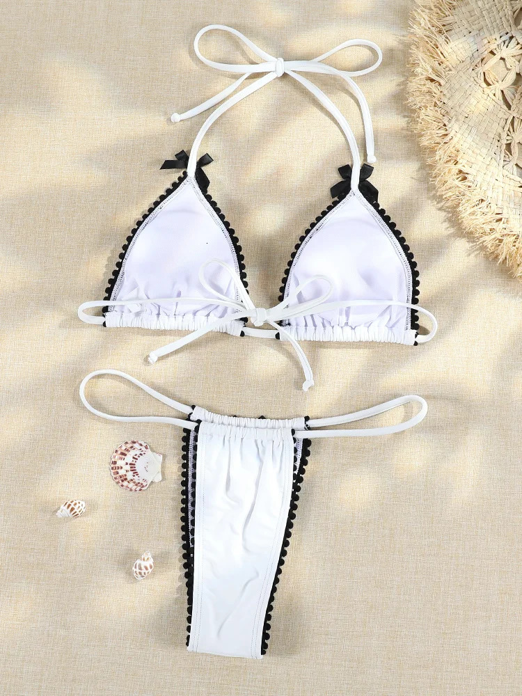 Micro Bowknot Bikinis Set for Women Patchwork Swimsuit Summer Beach Wear White Thong Swimwear Swimming Bathing Suit 250227
