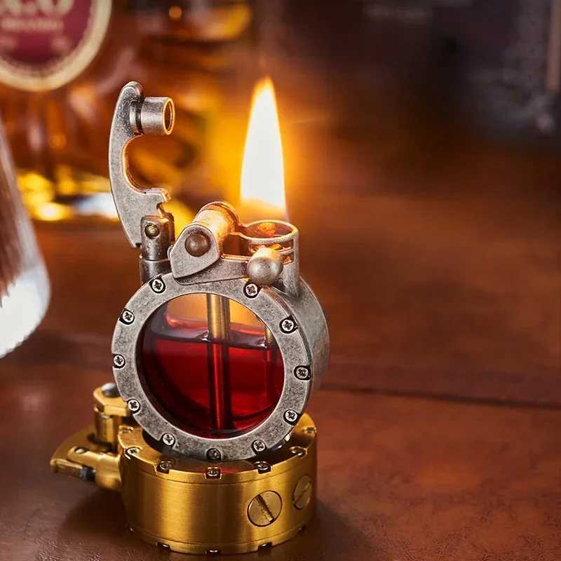 New retro transparent oil tank metal rocker arm Kerosene Lighter Personality windproof cigar Lighter mens series gift Y250228