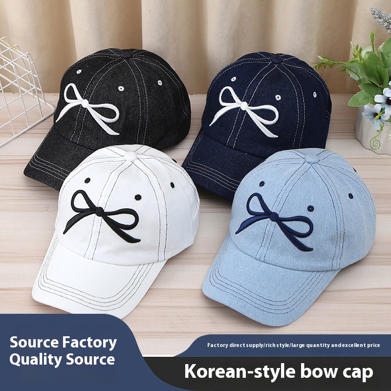 Korean light blue baseball cap female simple versatile bow tie duck tongue cap casual wind sunscreen sun hat sub