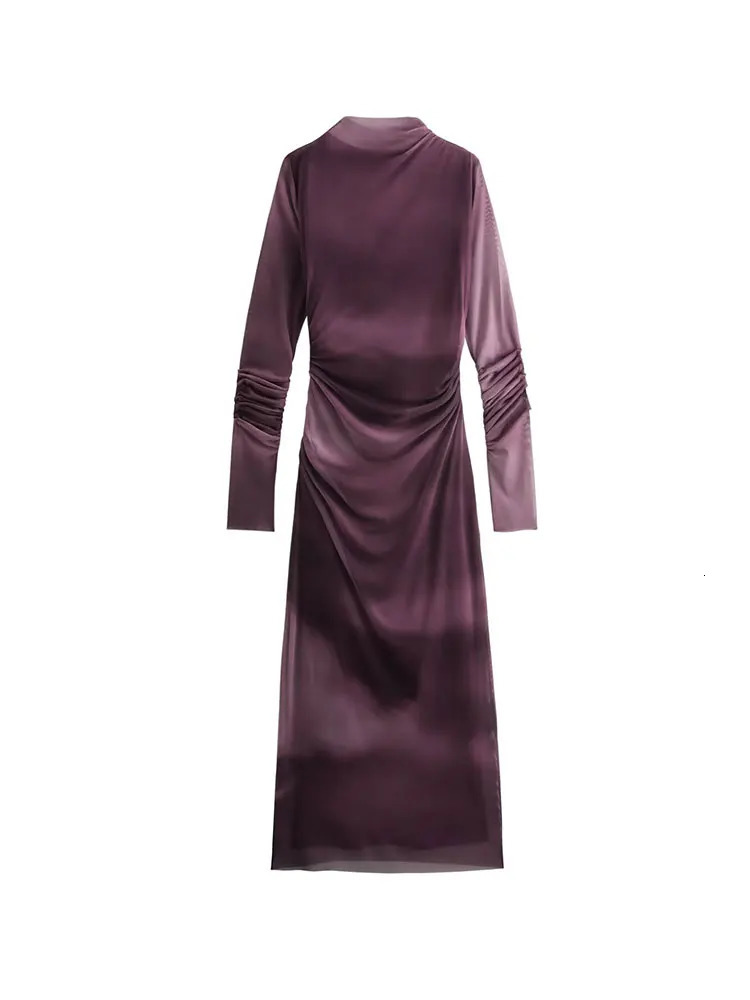 TRAF printed chiffon dress womens pleated long skirt womens fashionable long sleeved tight fitting midi dress womens party dress 250226