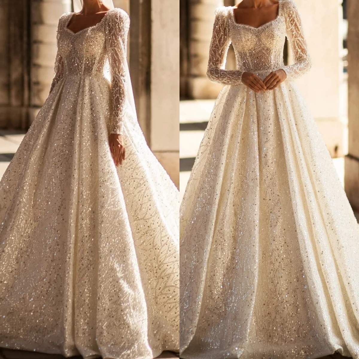 Elegant A e Women Wedding Sweetheart Neck Long Sleeves Bridal Gowns Sequins Lace Sweep Train Dress Custom Made