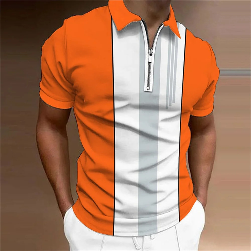 Striped printed short sleeved polo shirt for summer golf highquality top simple mens clothing loose and oversized pullout 2023 250228