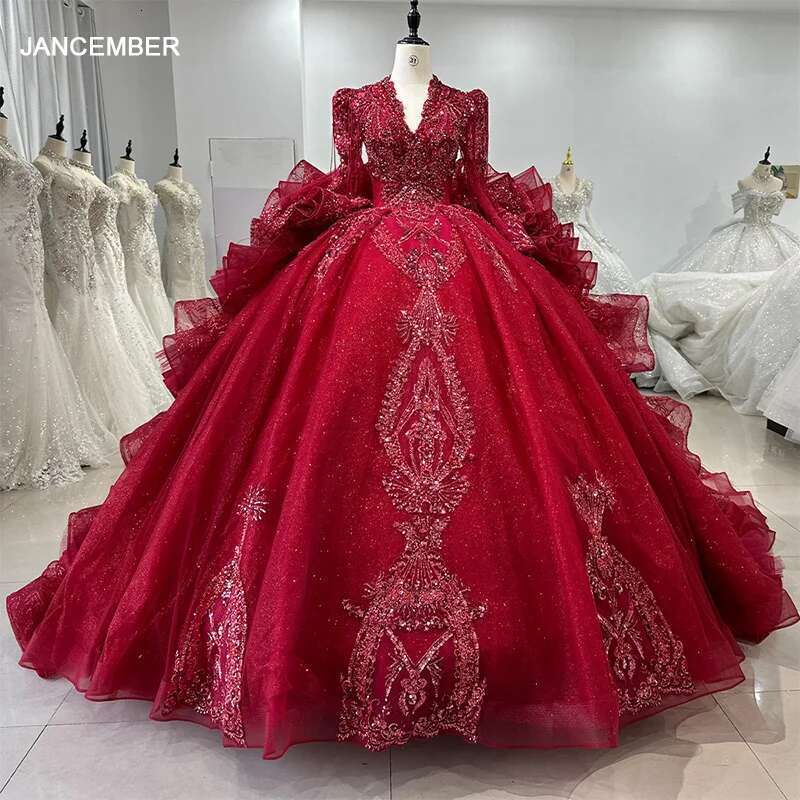 Red Dresses for Women, V-neck, Ruffles, Beaded, Sexy, Long Sleeve, Backless, Wedding Dress, XS105, 2024