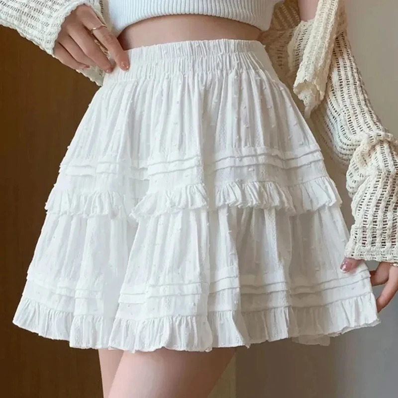 Sweet Cute Lace Mini Skirt Women Kawaii White Ruffles Pleated Short Skirts Woman 2025 Summer Korean High Waist A Line Skirts 250227
