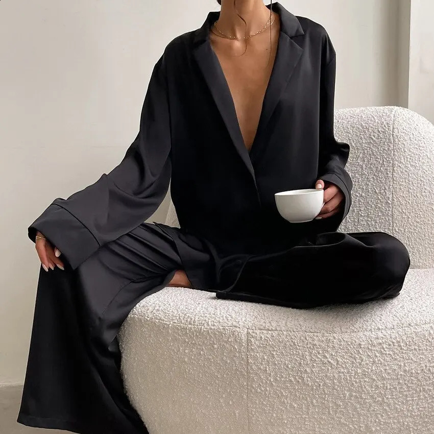 Women Silk Pajamas Lce Silk Loose Low Cut Sexy Single Breasted Long Sleeved Wide Leg Pants Can Be Worn Externally 250226