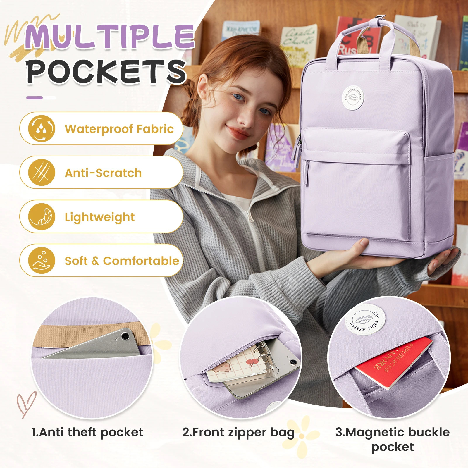 Ship from US Solid Color Bookbag Backpack for High School StudentWaterproof Large Capacity Bag Casual Daypack Backpacks 250304FBB