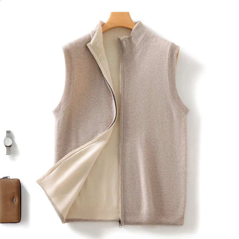 mens 100 wool vest solid color knitted sleeveless cardigan semi high neck sweater casual doublesided jacket 250225