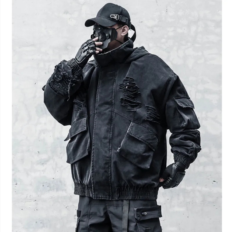 Outdoor hip-hop Techwear style ripped hole punk denim jacket mens winter wash retro black hooded denim jacket windproof 250225