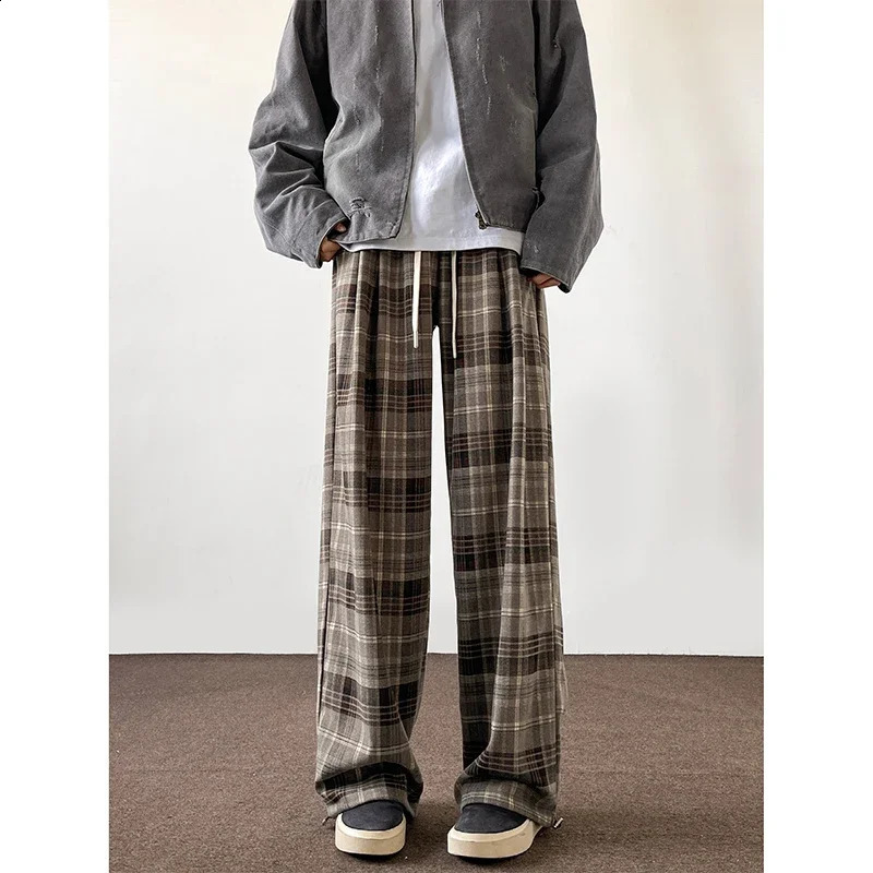 Korean flat bottom pants Harajuku mens autumn wide leg checkered mens oversized casual sports pants Y2k streetwear mens 250225