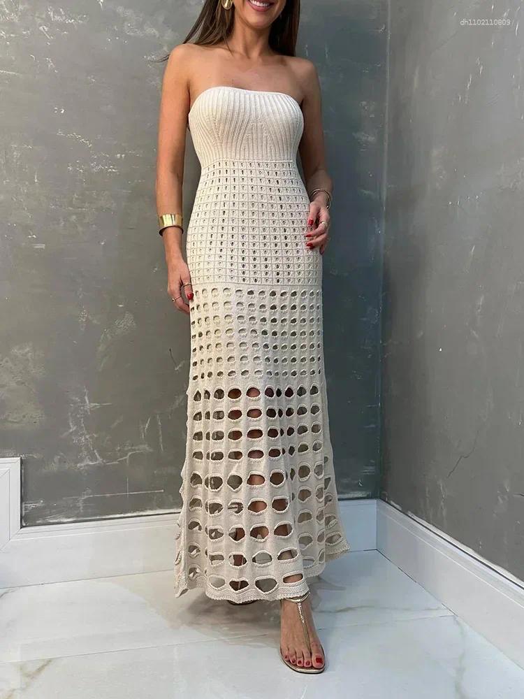 Summer Sexy Hollow Out Bandeau Dress Knitted Bikini Cover-ups Women See Through Maxi Solid Swimsuit Beach Cover Up