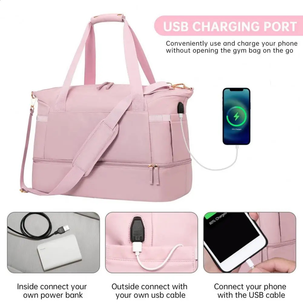 Ship from US Weekender Bag with Shoe Compartment Waterproof Wet Dry Separation Travel Bags Usb Charging for Yoga 250228FBB