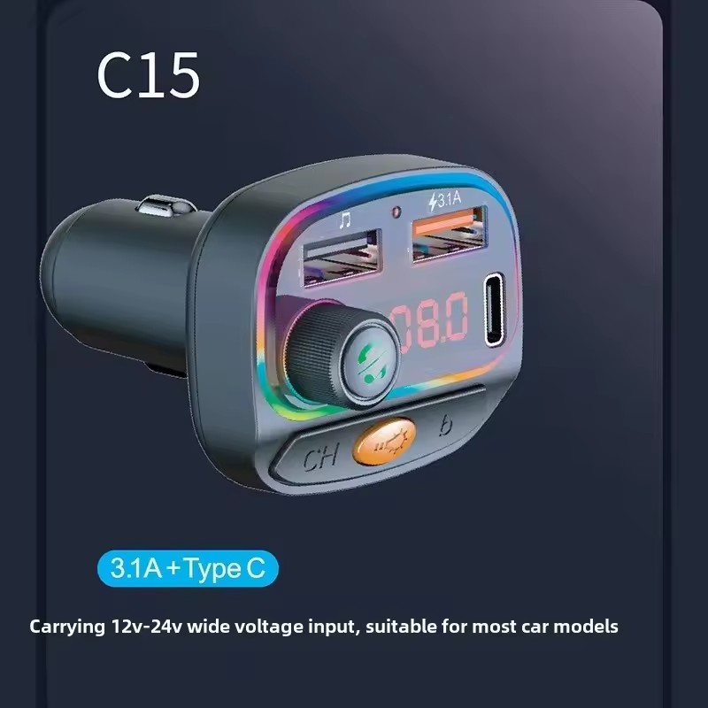 C14 C15 Car Bluetooth MP3 Player Atmosphere Light QC3.0 PD 20W Fast Charging FM Broadcaster For iPhone 16 15 14 13 12 Plus Pro Max Samsung Google Ando