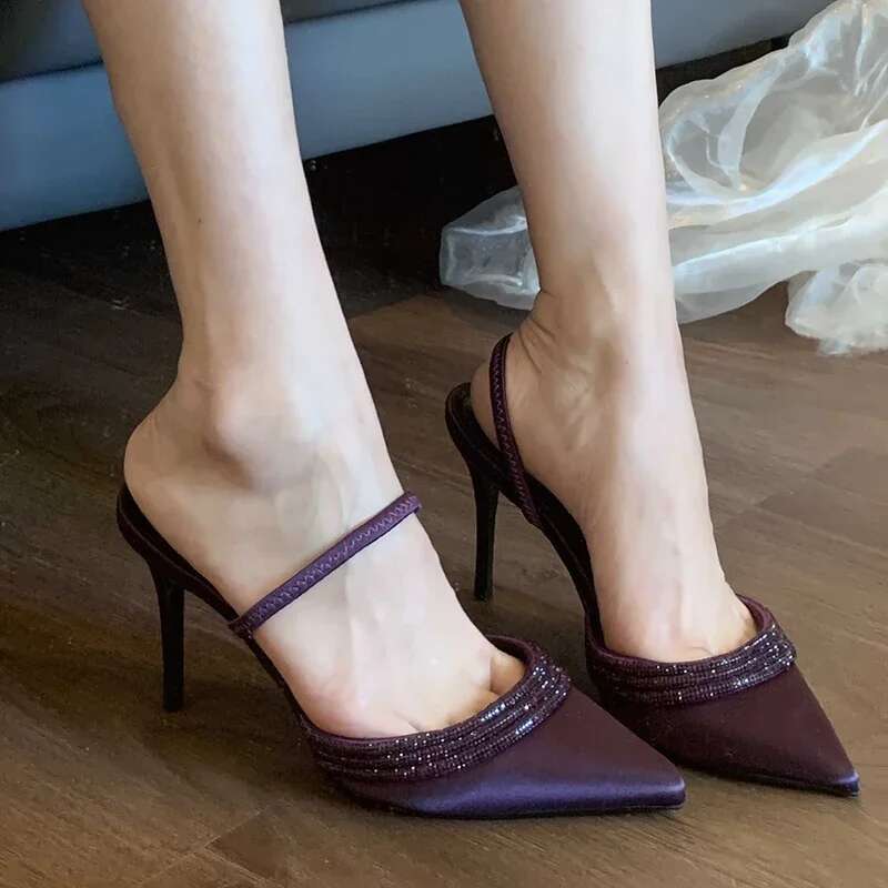 Spring Purple Women High Heel Sandals Elegant Pointed Toe Singbacks Dancing Party Prom Shoes