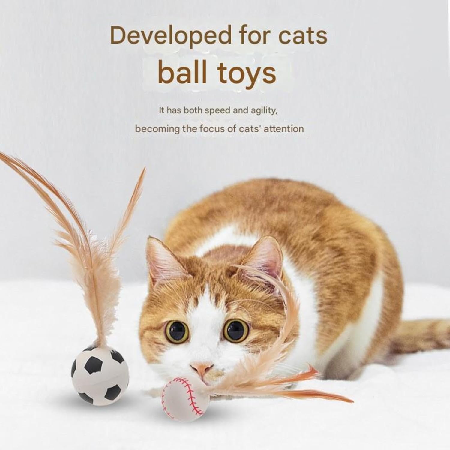 3PCS/Set Interactive Feathered Bounce Ball Set - Enhance Your Feline's Playtime with Soft Plush Tail Attachments & Durable Materials
