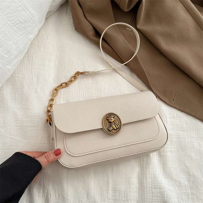 Vintage Solid Color Shoulder Fashion With Cover Girls Underarm Fine Buckle Design Ladies Bag Metal Decoration PU M