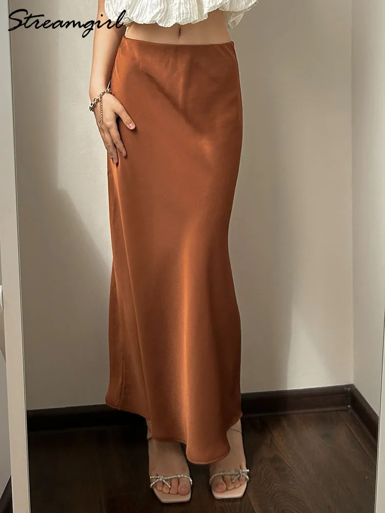 Black Slit Satin Silk Skirt Women Maxi Spring Summer 2025 Elegant A Line Slit Skirt Satin Ladies Office Long Skirts For Women 250227