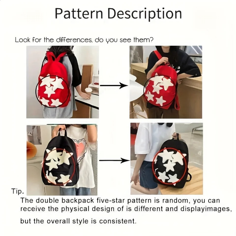 Ship from US Kawaii Plush Star Pattern Backpack Preppy Minimalist Zipper Daily School Bag Lightweight Large Capacity Daypack 250304FBB