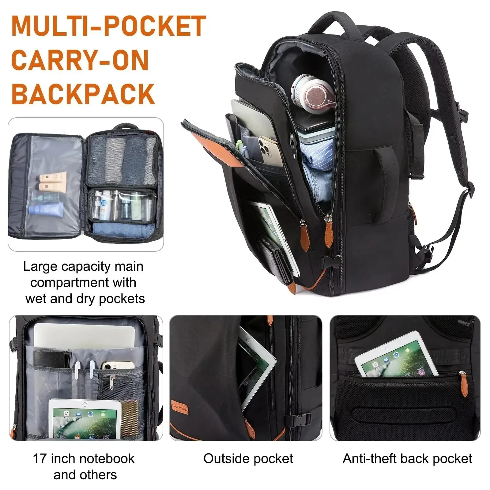 Ship from US 40L Large Capacity Travel Backpack 5piece Set Expandable Luggage Multifunctional Waterproof Bag 250304FBB