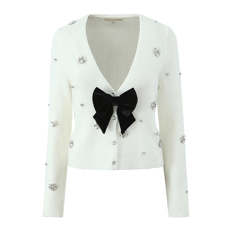 YENKYE 2025 Women Fashion Handmade Diamond Bow Knit Cardigan Long Sleeve V Neck Slim Crop Sweater Elegant Coat Tops 250225