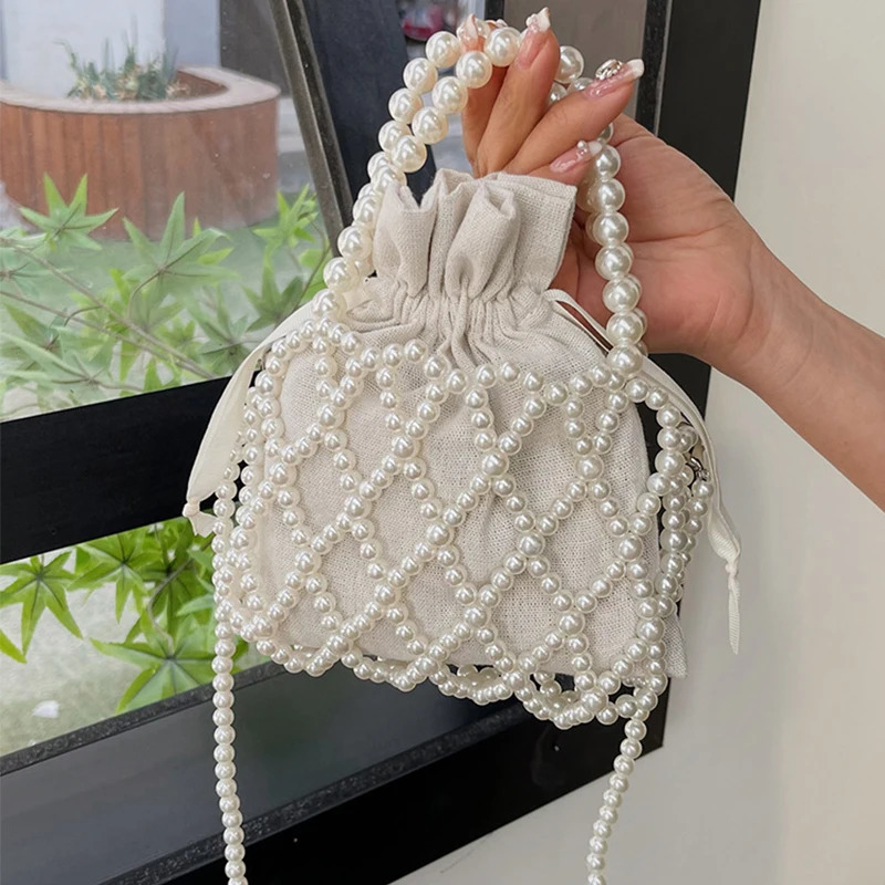 Handmade Pearl Bag Sweet Shoulder Tote Bead Handbag Women Summer Party Small Bucket Purse 250221