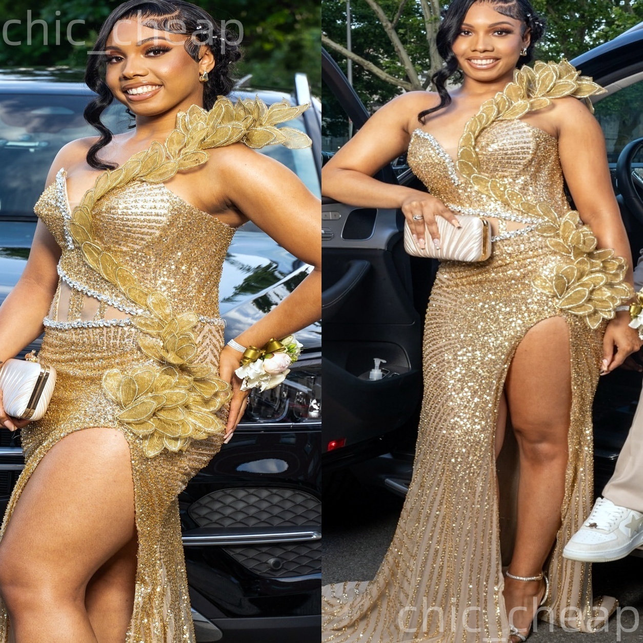 Gold Mermaid Prom Dresses 2025 One Shoulder Crystals Florals Sequined Evening Formal Party Second Birthday Engagement Gowns Plus Size Dress For Specia