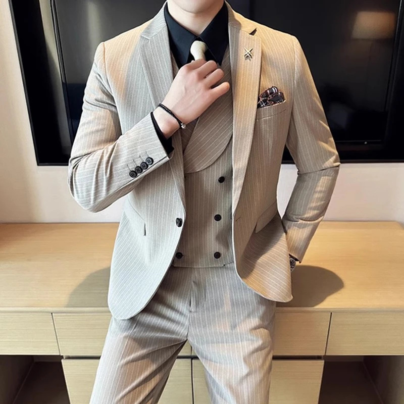2023 Fashion Men Casual Boutique Business Striped Slim Fit Wedding Dress Suit Coat Set Male 3 Pcs Blazers Jacket Pants Vest 250224