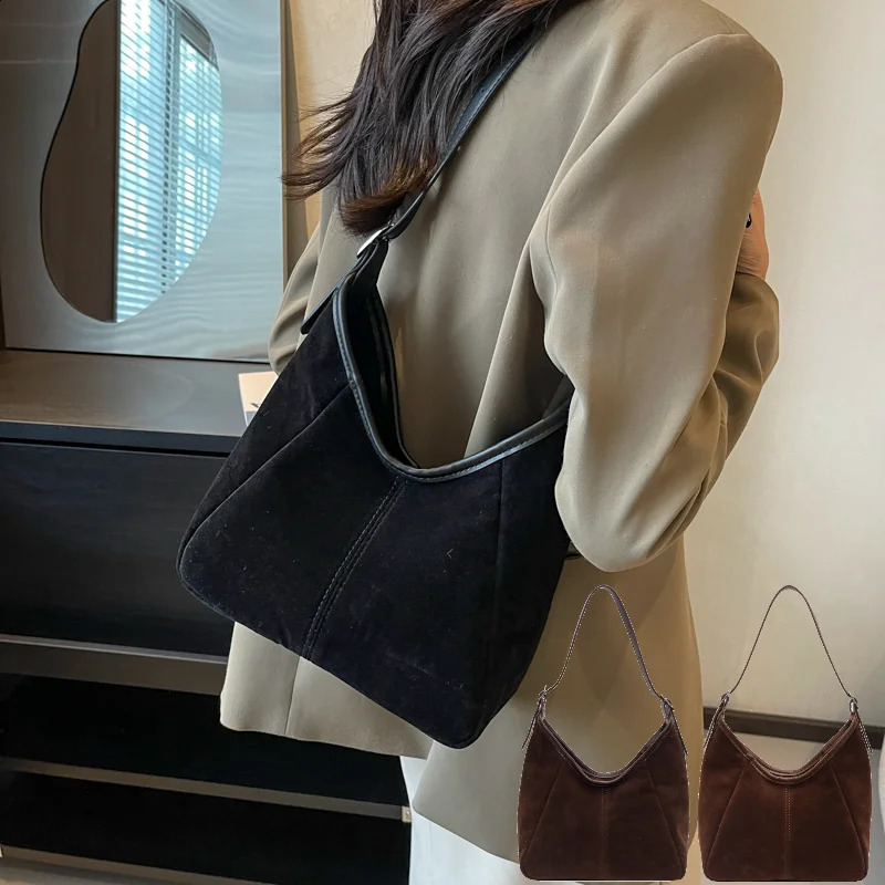 Ship from US Vintage Womens Bag Large Capacity Suede Shoulder Solid Color Simple Casual Retro PU Trendy Hobo Bags Handbags 250227FBB