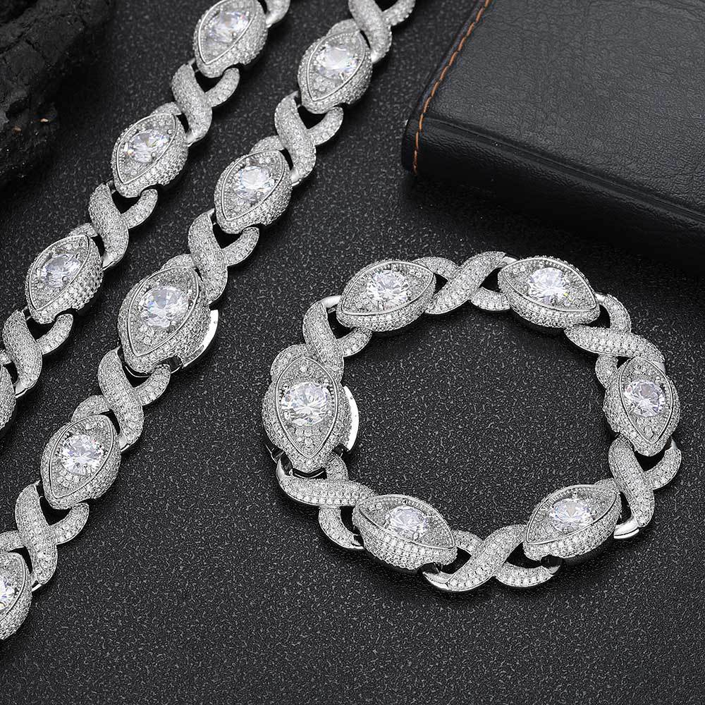 15mm Hip Hop High Eye Infinite 8 Shape Cuban Chain Necklace Bracelets 5A Zircon 18k Gold Plated Jewelry