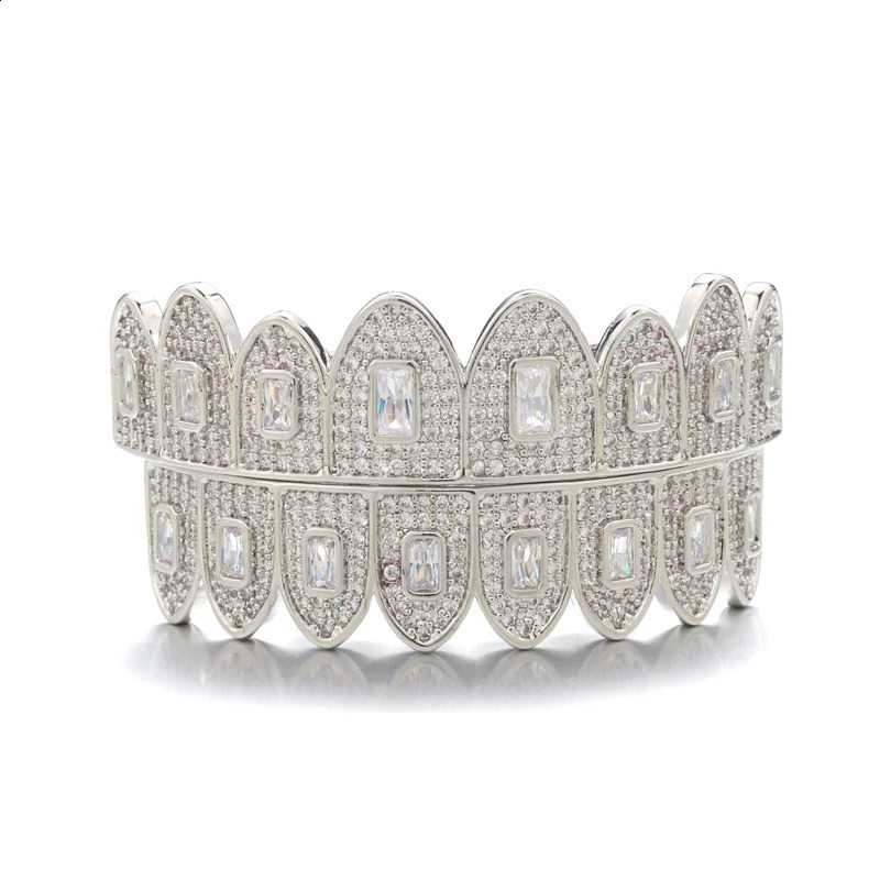 Full Baguette CZ Stones Teeth Caps Cubic Zircon Iced Out Micro Pave Top Bottom Charm Grills For Men Women Jewelry 250219