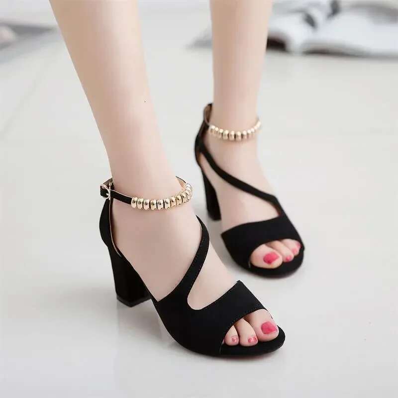 Spring Fish 2025 Mouth Hollow Roman Thick Word With Beaded High Heels Summer Sexy Female Sandals