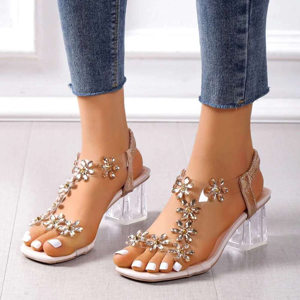 Crystal Women;s Pvc wer for Women Decoration Chunky Heel Sandals Ladies Back Strap Fashion Shoes Female2025