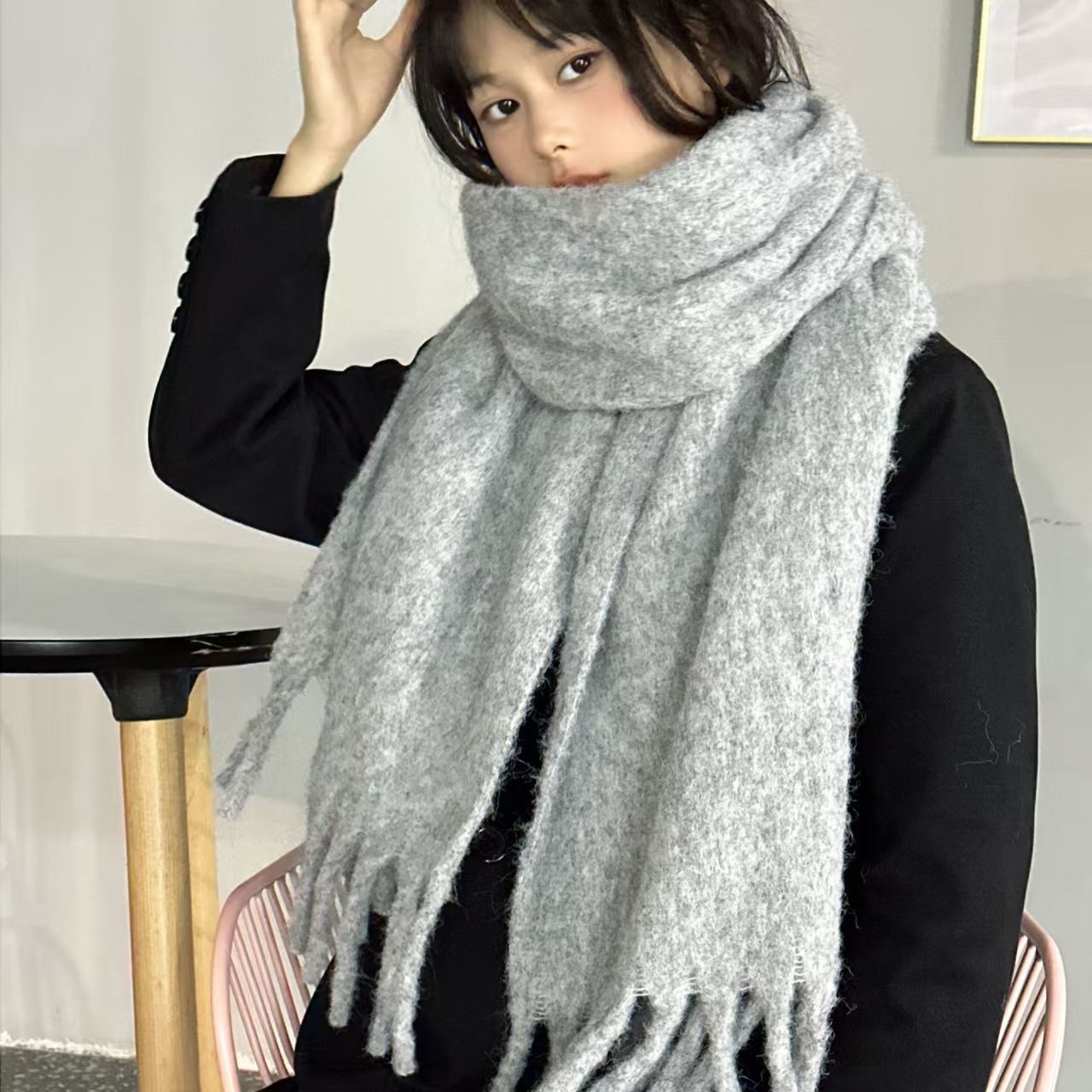 K020 Wool added upgrade ~ dark blue light blue * solid color mohair Korean version all-match solid color scarf autumn and winter neck scarf couple