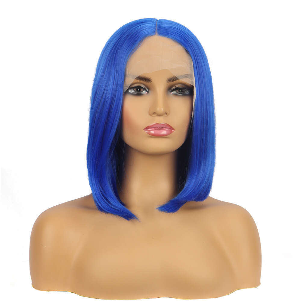 HD Front Lace Wig Front Lace Wig For Women Short Hair Inner Button Synthetic Full Head Cover Bob Blue Wigs