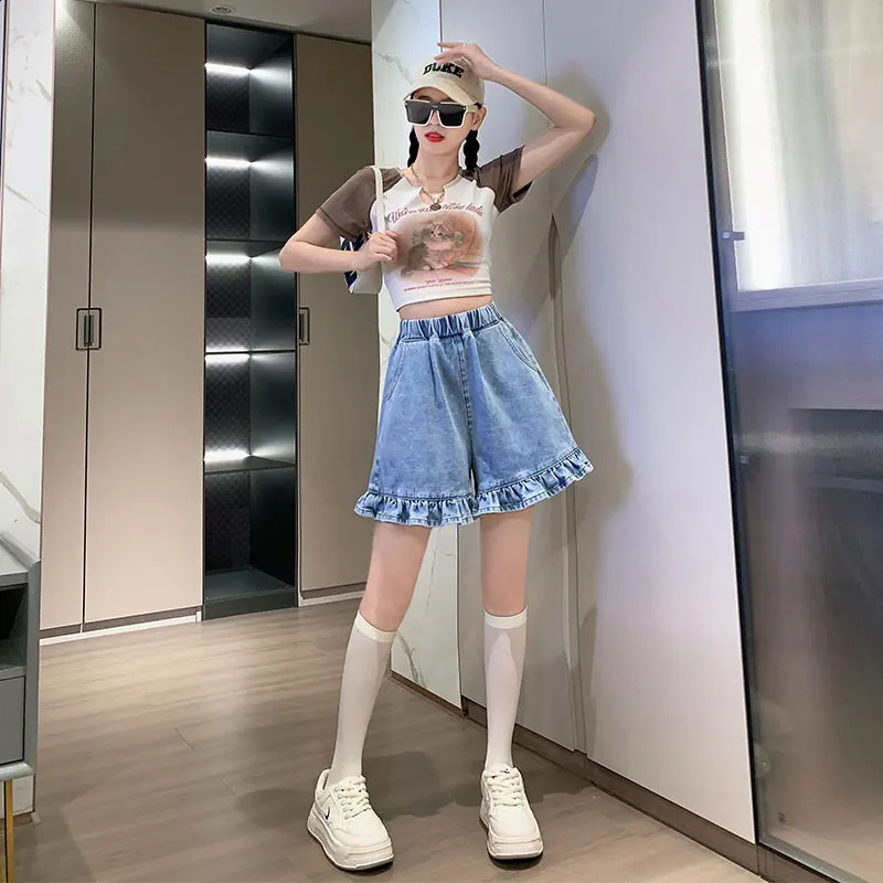 Ruffle plus size womens denim shorts for summer 2024 elastic Wassit blue Korean fashion 250228Z