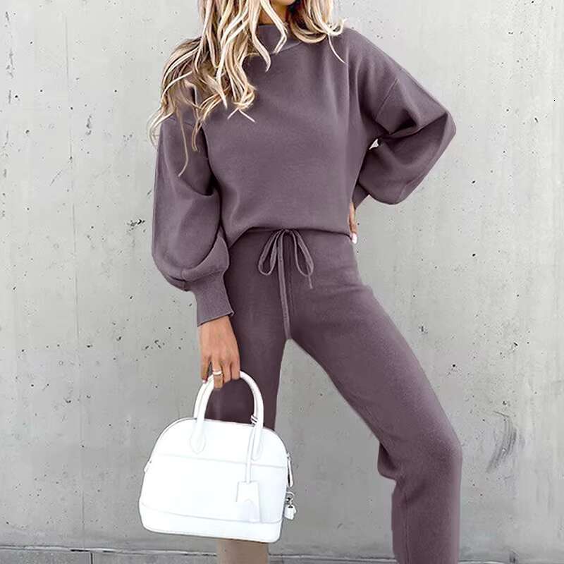 Hot Selg Women's High-Neck Hoodie Set Breathable Casual Two-Piece Adults Solid Pattern For Autumn